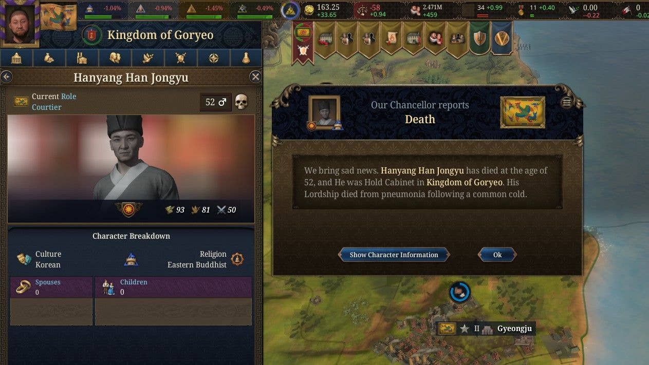 A cabinet member dies, as informed by the game's messages.